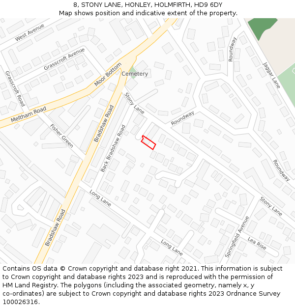 8, STONY LANE, HONLEY, HOLMFIRTH, HD9 6DY: Location map and indicative extent of plot