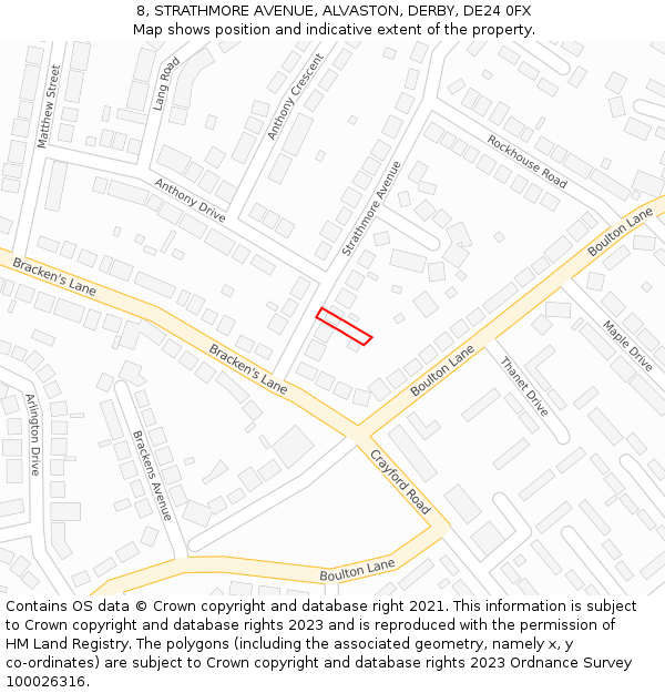 8, STRATHMORE AVENUE, ALVASTON, DERBY, DE24 0FX: Location map and indicative extent of plot