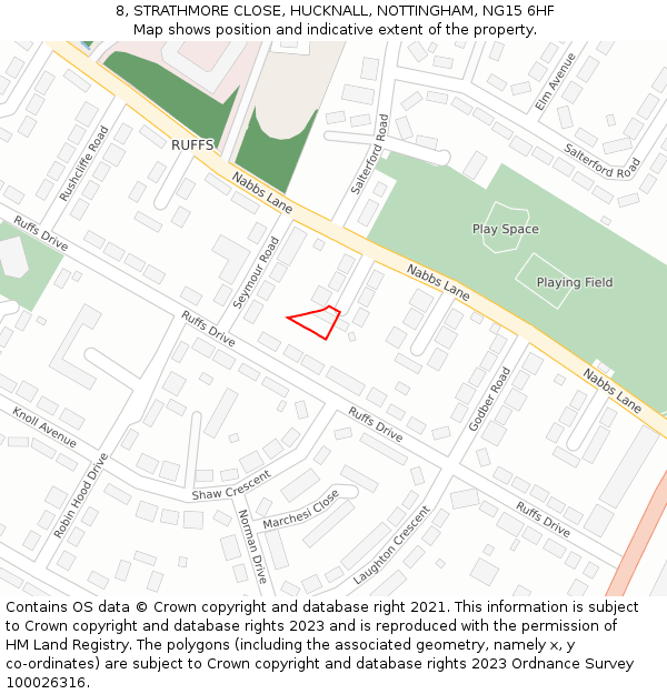 8, STRATHMORE CLOSE, HUCKNALL, NOTTINGHAM, NG15 6HF: Location map and indicative extent of plot