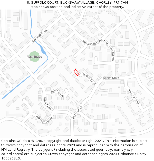 8, SUFFOLK COURT, BUCKSHAW VILLAGE, CHORLEY, PR7 7HN: Location map and indicative extent of plot