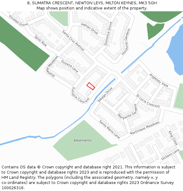 8, SUMATRA CRESCENT, NEWTON LEYS, MILTON KEYNES, MK3 5GH: Location map and indicative extent of plot