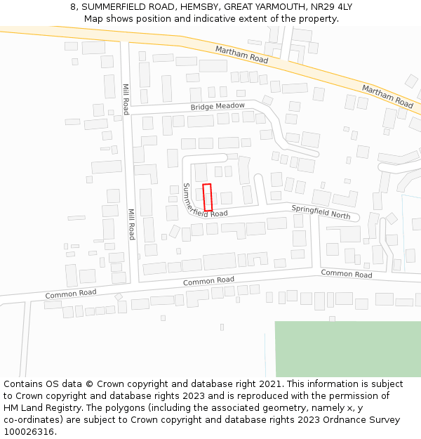 8, SUMMERFIELD ROAD, HEMSBY, GREAT YARMOUTH, NR29 4LY: Location map and indicative extent of plot