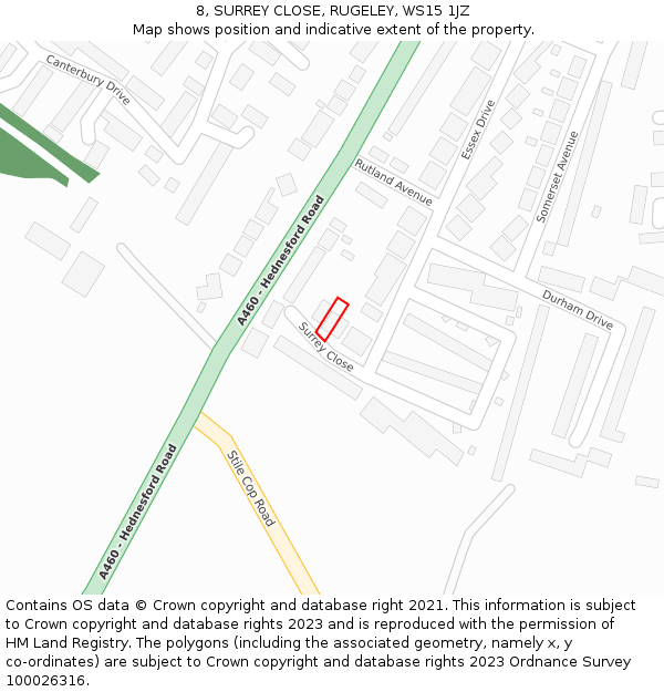 8, SURREY CLOSE, RUGELEY, WS15 1JZ: Location map and indicative extent of plot