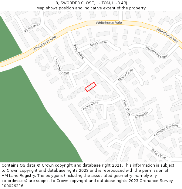 8, SWORDER CLOSE, LUTON, LU3 4BJ: Location map and indicative extent of plot