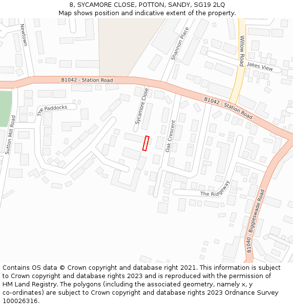 8, SYCAMORE CLOSE, POTTON, SANDY, SG19 2LQ: Location map and indicative extent of plot