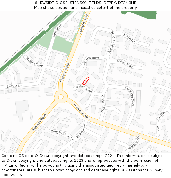 8, TAYSIDE CLOSE, STENSON FIELDS, DERBY, DE24 3HB: Location map and indicative extent of plot