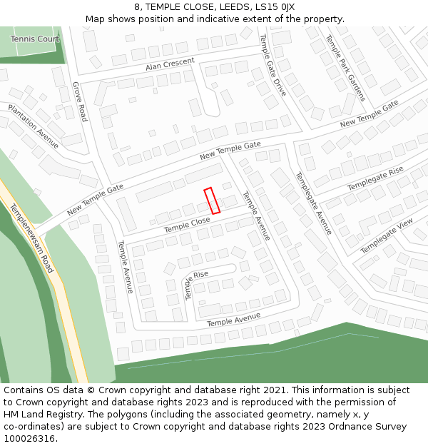 8, TEMPLE CLOSE, LEEDS, LS15 0JX: Location map and indicative extent of plot