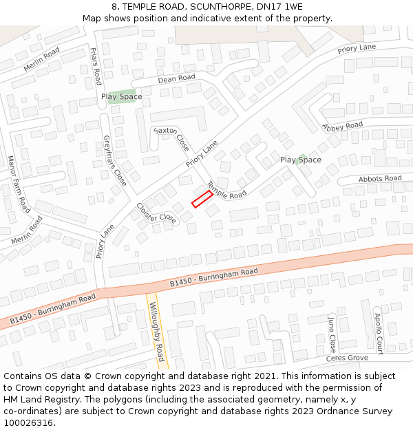 8, TEMPLE ROAD, SCUNTHORPE, DN17 1WE: Location map and indicative extent of plot