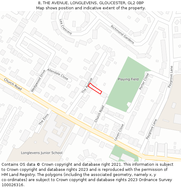 8, THE AVENUE, LONGLEVENS, GLOUCESTER, GL2 0BP: Location map and indicative extent of plot