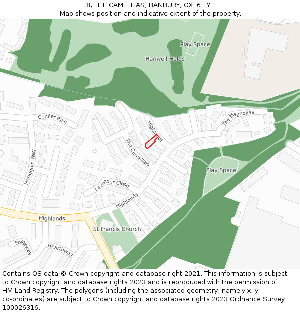 8, THE CAMELLIAS, BANBURY, OX16 1YT: Location map and indicative extent of plot