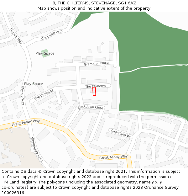 8, THE CHILTERNS, STEVENAGE, SG1 6AZ: Location map and indicative extent of plot