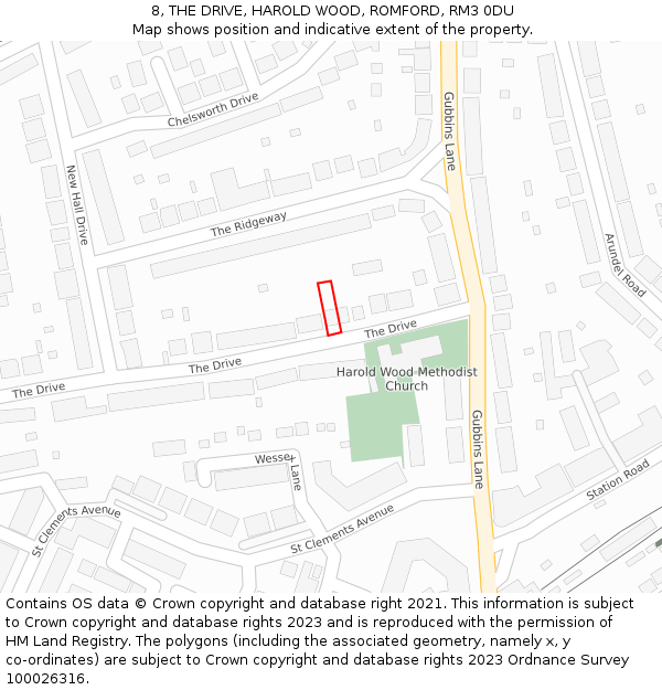 8, THE DRIVE, HAROLD WOOD, ROMFORD, RM3 0DU: Location map and indicative extent of plot