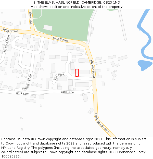 8, THE ELMS, HASLINGFIELD, CAMBRIDGE, CB23 1ND: Location map and indicative extent of plot