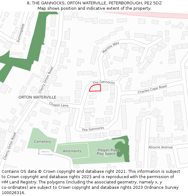 8, THE GANNOCKS, ORTON WATERVILLE, PETERBOROUGH, PE2 5DZ: Location map and indicative extent of plot