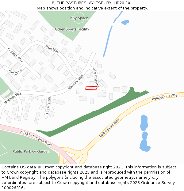 8, THE PASTURES, AYLESBURY, HP20 1XL: Location map and indicative extent of plot