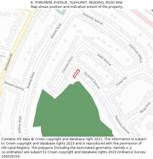 8, THIRLMERE AVENUE, TILEHURST, READING, RG30 6XW: Location map and indicative extent of plot