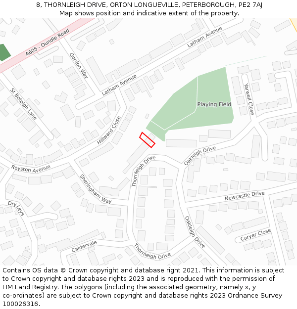 8, THORNLEIGH DRIVE, ORTON LONGUEVILLE, PETERBOROUGH, PE2 7AJ: Location map and indicative extent of plot