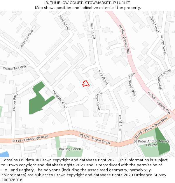 8, THURLOW COURT, STOWMARKET, IP14 1HZ: Location map and indicative extent of plot