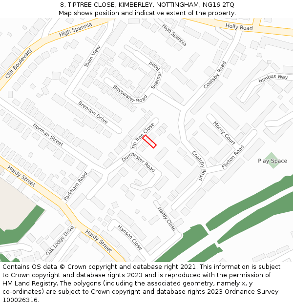 8, TIPTREE CLOSE, KIMBERLEY, NOTTINGHAM, NG16 2TQ: Location map and indicative extent of plot