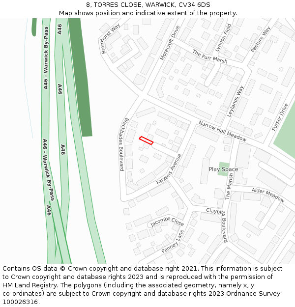8, TORRES CLOSE, WARWICK, CV34 6DS: Location map and indicative extent of plot