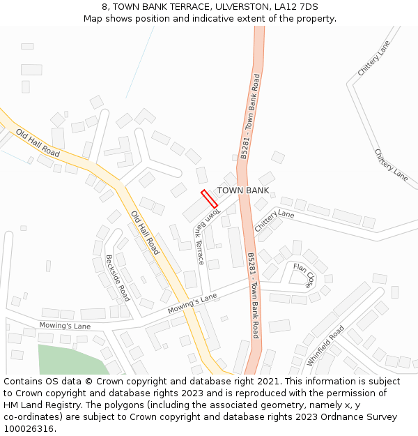 8, TOWN BANK TERRACE, ULVERSTON, LA12 7DS: Location map and indicative extent of plot