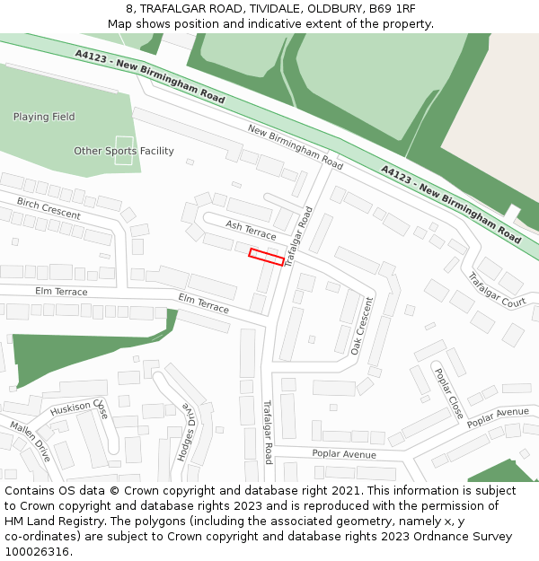 8, TRAFALGAR ROAD, TIVIDALE, OLDBURY, B69 1RF: Location map and indicative extent of plot