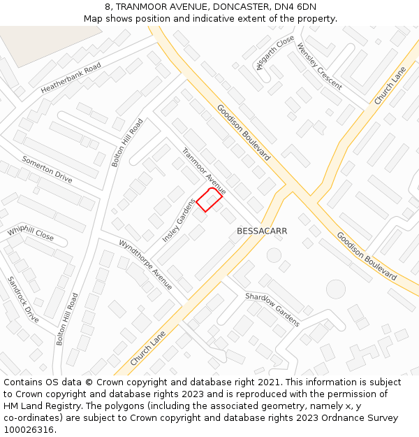 8, TRANMOOR AVENUE, DONCASTER, DN4 6DN: Location map and indicative extent of plot