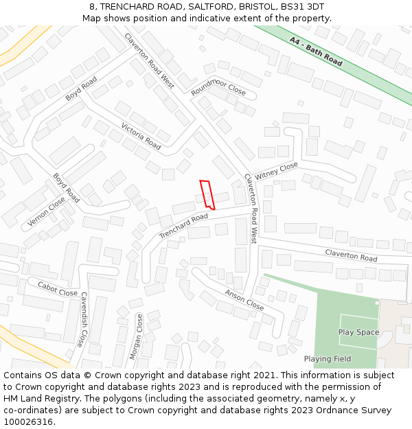 8, TRENCHARD ROAD, SALTFORD, BRISTOL, BS31 3DT: Location map and indicative extent of plot