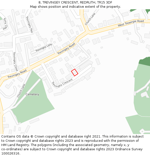 8, TREVINGEY CRESCENT, REDRUTH, TR15 3DF: Location map and indicative extent of plot