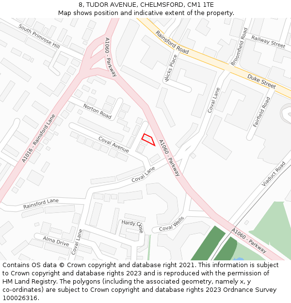 8, TUDOR AVENUE, CHELMSFORD, CM1 1TE: Location map and indicative extent of plot