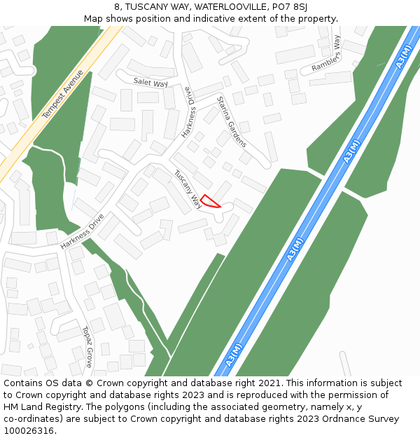 8, TUSCANY WAY, WATERLOOVILLE, PO7 8SJ: Location map and indicative extent of plot