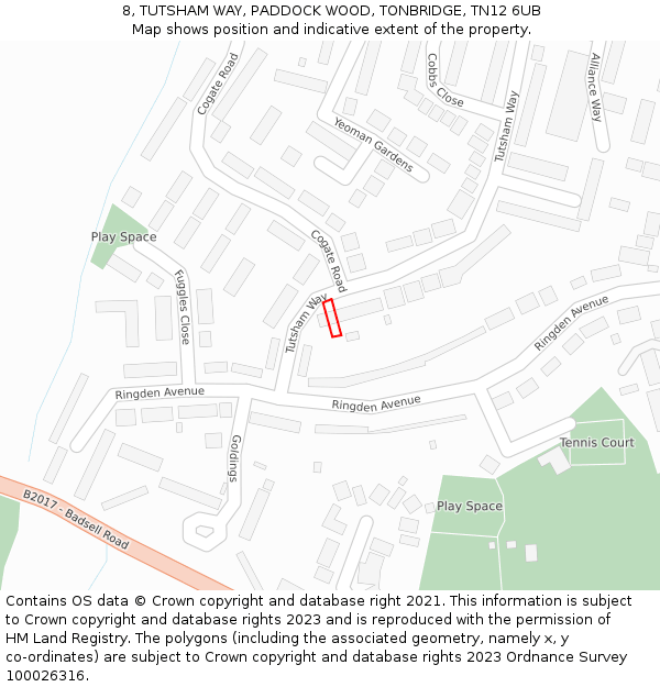 8, TUTSHAM WAY, PADDOCK WOOD, TONBRIDGE, TN12 6UB: Location map and indicative extent of plot