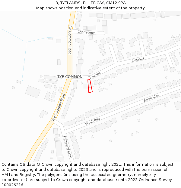 8, TYELANDS, BILLERICAY, CM12 9PA: Location map and indicative extent of plot