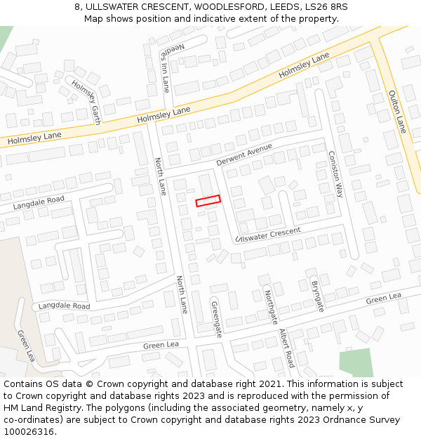 8, ULLSWATER CRESCENT, WOODLESFORD, LEEDS, LS26 8RS: Location map and indicative extent of plot