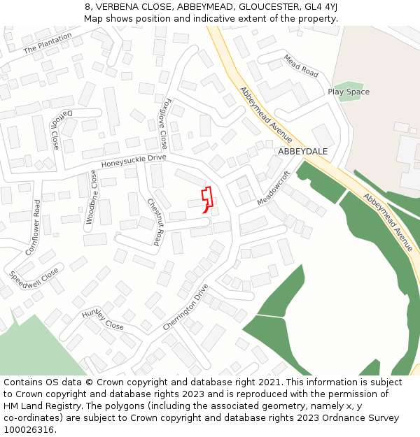 8, VERBENA CLOSE, ABBEYMEAD, GLOUCESTER, GL4 4YJ: Location map and indicative extent of plot