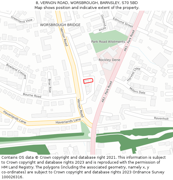 8, VERNON ROAD, WORSBROUGH, BARNSLEY, S70 5BD: Location map and indicative extent of plot
