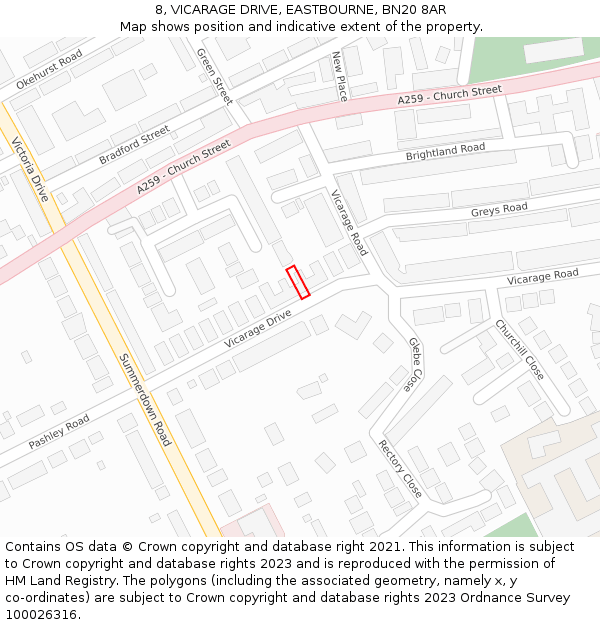 8, VICARAGE DRIVE, EASTBOURNE, BN20 8AR: Location map and indicative extent of plot