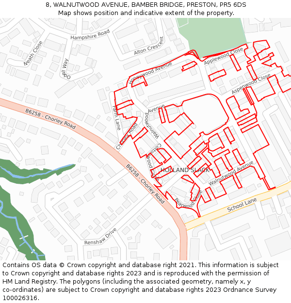 8, WALNUTWOOD AVENUE, BAMBER BRIDGE, PRESTON, PR5 6DS: Location map and indicative extent of plot