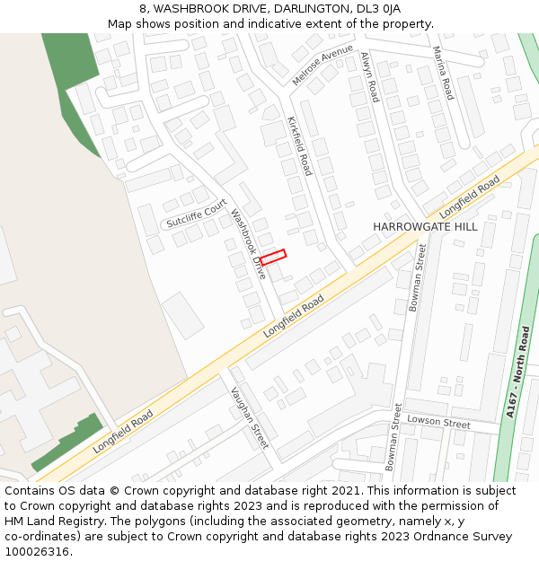 8, WASHBROOK DRIVE, DARLINGTON, DL3 0JA: Location map and indicative extent of plot