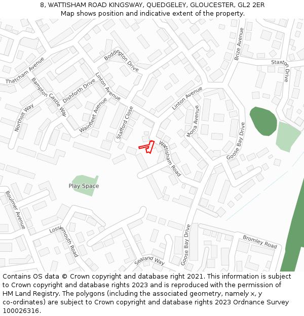 8, WATTISHAM ROAD KINGSWAY, QUEDGELEY, GLOUCESTER, GL2 2ER: Location map and indicative extent of plot