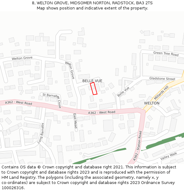 8, WELTON GROVE, MIDSOMER NORTON, RADSTOCK, BA3 2TS: Location map and indicative extent of plot