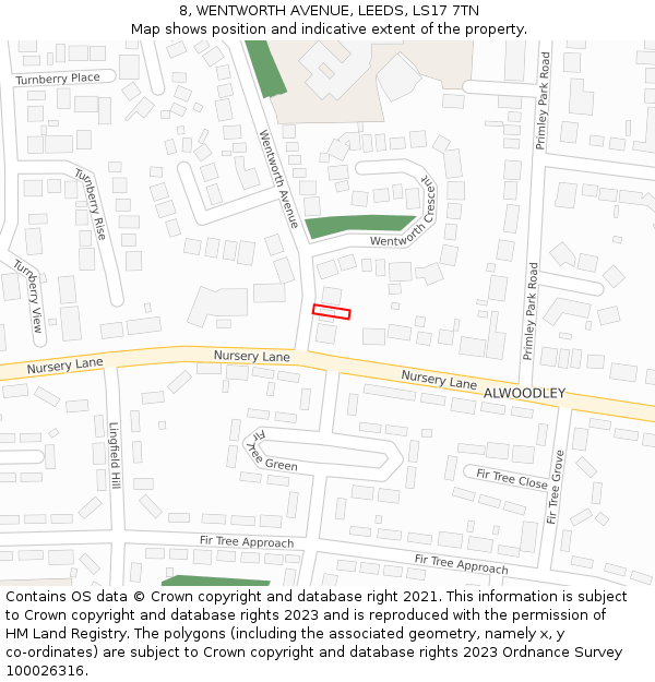 8, WENTWORTH AVENUE, LEEDS, LS17 7TN: Location map and indicative extent of plot