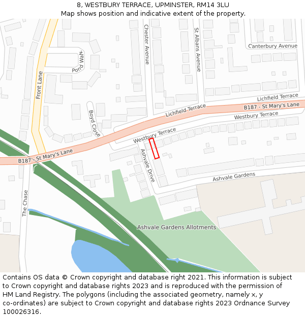 8, WESTBURY TERRACE, UPMINSTER, RM14 3LU: Location map and indicative extent of plot