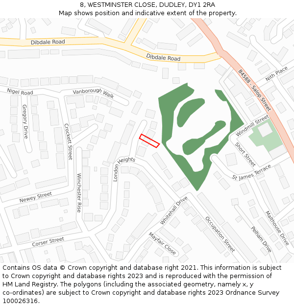 8, WESTMINSTER CLOSE, DUDLEY, DY1 2RA: Location map and indicative extent of plot