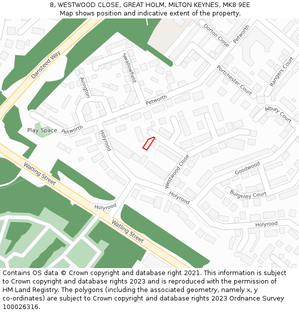 8, WESTWOOD CLOSE, GREAT HOLM, MILTON KEYNES, MK8 9EE: Location map and indicative extent of plot