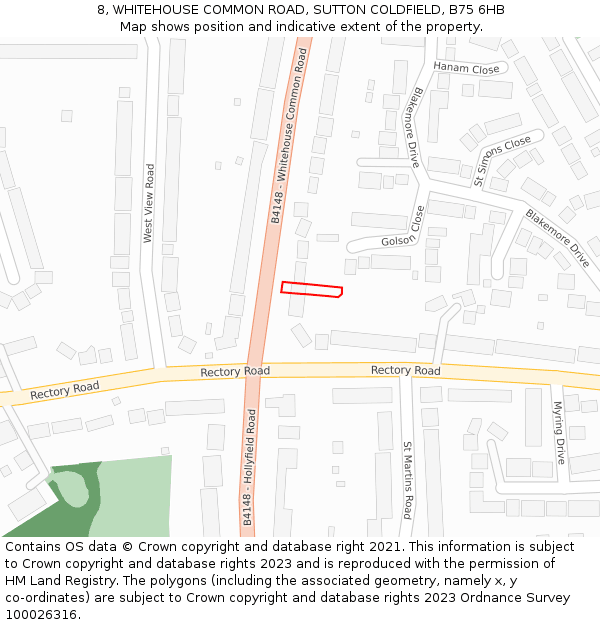 8, WHITEHOUSE COMMON ROAD, SUTTON COLDFIELD, B75 6HB: Location map and indicative extent of plot