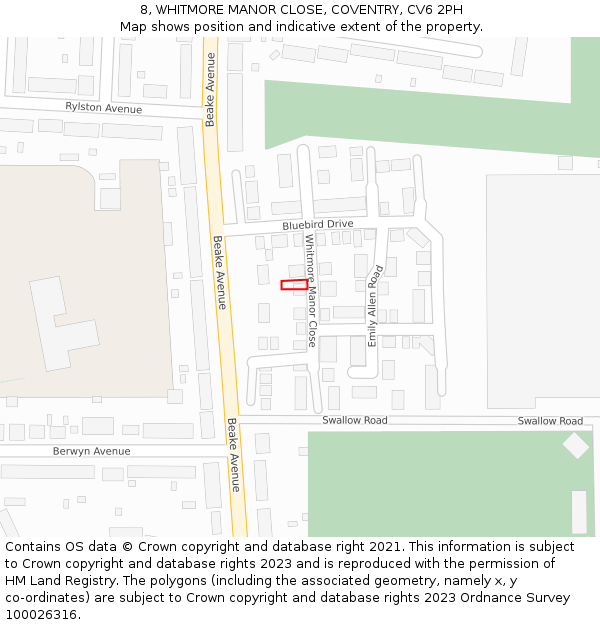 8, WHITMORE MANOR CLOSE, COVENTRY, CV6 2PH: Location map and indicative extent of plot
