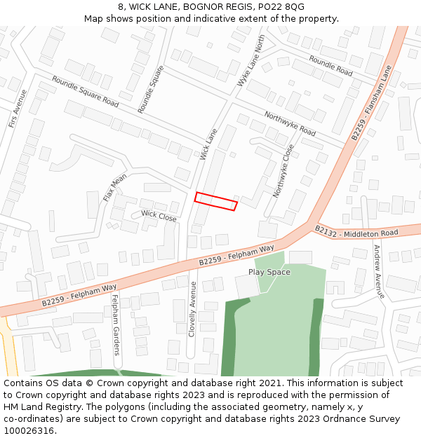 8, WICK LANE, BOGNOR REGIS, PO22 8QG: Location map and indicative extent of plot