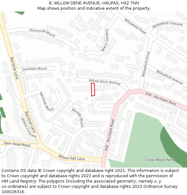 8, WILLOW DENE AVENUE, HALIFAX, HX2 7NN: Location map and indicative extent of plot