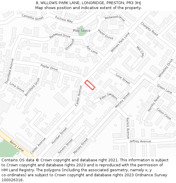 8, WILLOWS PARK LANE, LONGRIDGE, PRESTON, PR3 3HJ: Location map and indicative extent of plot
